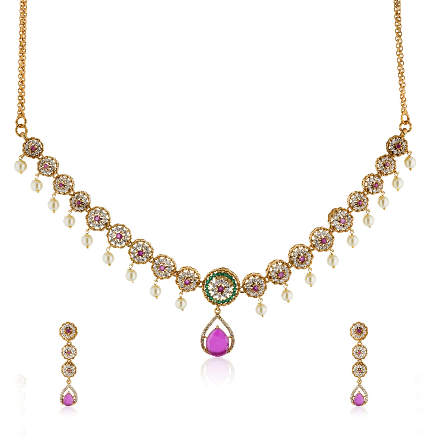 ELEGANT NECKLACE SET STUDDED WITH PINK AND WHITE -COLORED ZIRCON STONES, OFFERING A SOPHISTICATED AND VIBRANT TOUCH