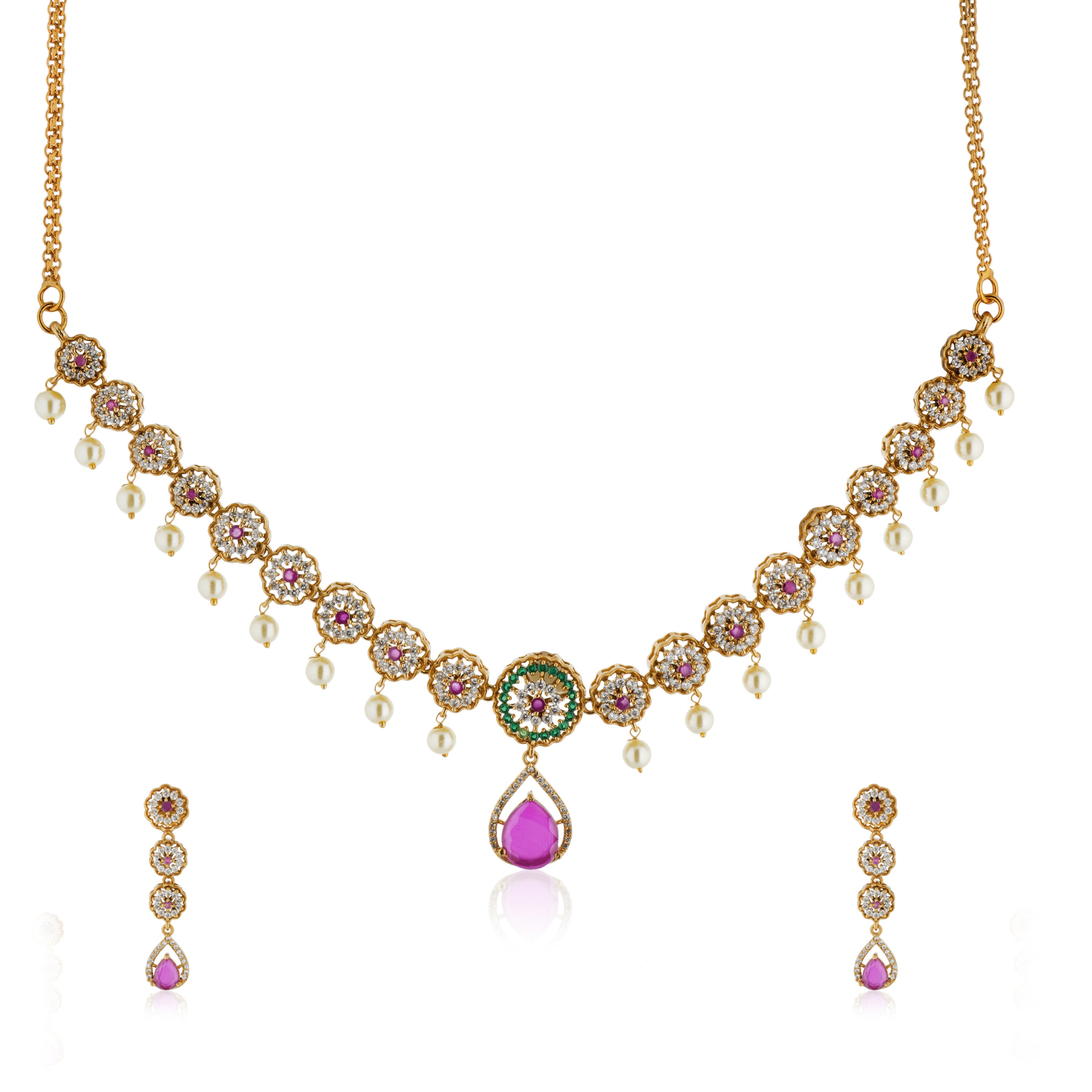 "Elegant gold-tone short necklace set with pink and white zircon stones for a sophisticated touch."
