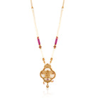 "Golden long necklace set with Ram, Laxman, and Sita design, accented with white and pink pearls."
