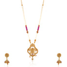 "Golden long necklace set with Ram, Laxman, and Sita design, accented with white and pink pearls."
