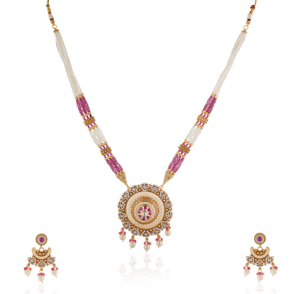 Elegant gold-tone long necklace set with Meekari design and small pearls, perfect for festive occasions.
