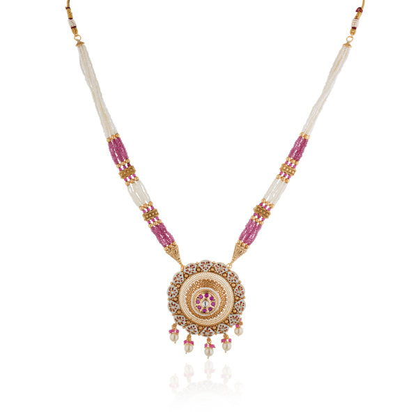 Elegant gold-tone long necklace set with Meekari design and small pearls, perfect for festive occasions.
