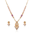 "Beautifully crafted long gold-tone necklace set with intricate Meenakari design, perfect for festivals."
