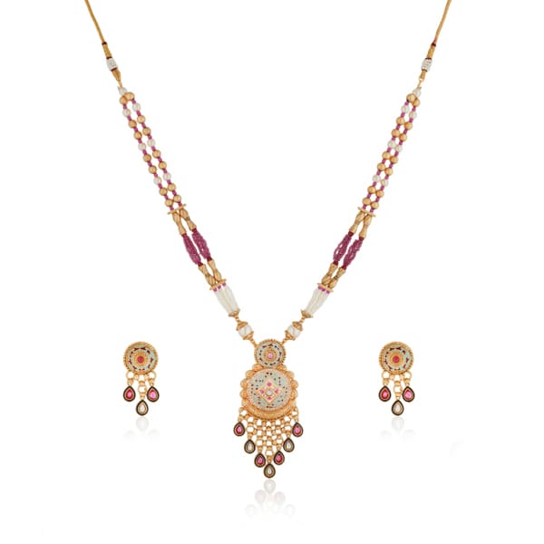 BEAUTIFULLY CRAFTED LONG GOLD-TONE NECKLACE SET FEATURING INTRICATE MEENAKARI DESIGN.