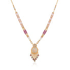 "Beautifully crafted long gold-tone necklace set with intricate Meenakari design, perfect for festivals."
