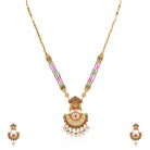 Stunning long gold-tone necklace set studded with multicolored stones, adding bold vibrance."
