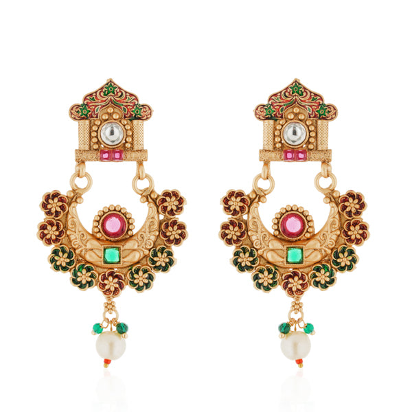 Stunning long gold-tone necklace set studded with multicolored stones, adding bold vibrance."
