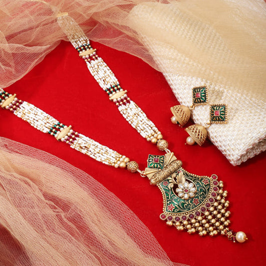 MEENAKARI DESIGN CRAFTED LONG NECKLACE SET WITH SMALL PEARLS STUDDED FEATURES VIBRANT ENAMEL WORK