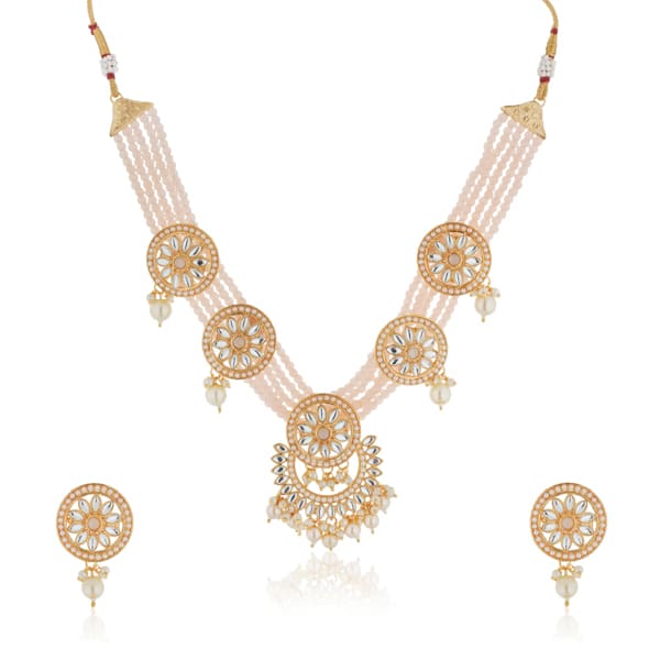 SALMON-COLORED SMALL BEADS-STUDDED KUNDAN NECKLACE SET WITH MATCHING EARRINGS