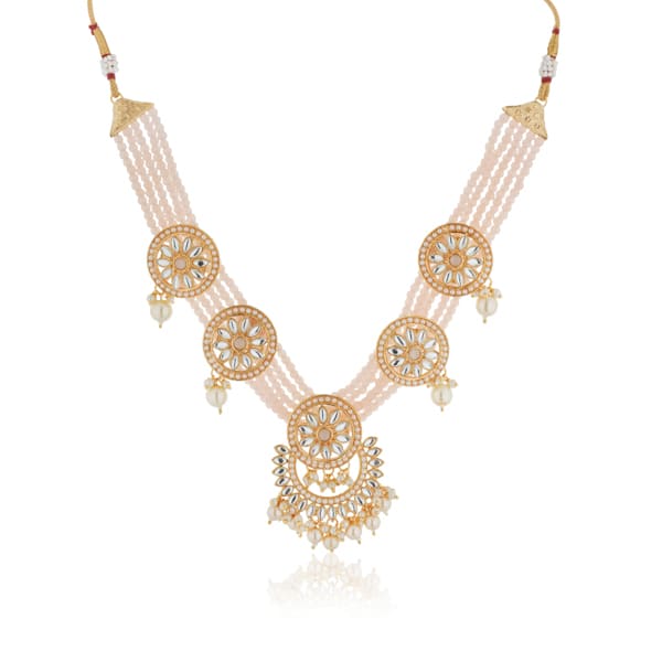 SALMON-COLORED SMALL BEADS-STUDDED KUNDAN NECKLACE SET WITH MATCHING EARRINGS