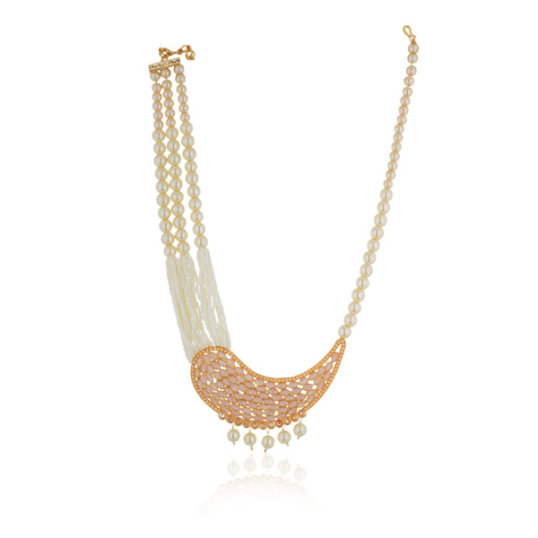 "Classic pearl necklace with salmon accents, adding charm and elegance to festive occasions."
