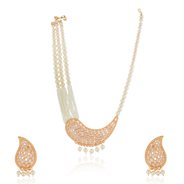 "Classic pearl necklace with salmon accents, adding charm and elegance to festive occasions."
