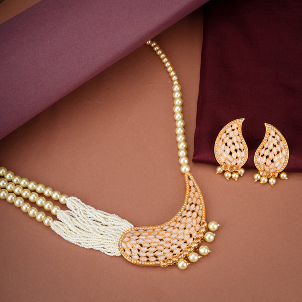 "Classic pearl necklace with salmon accents, adding charm and elegance to festive occasions."
