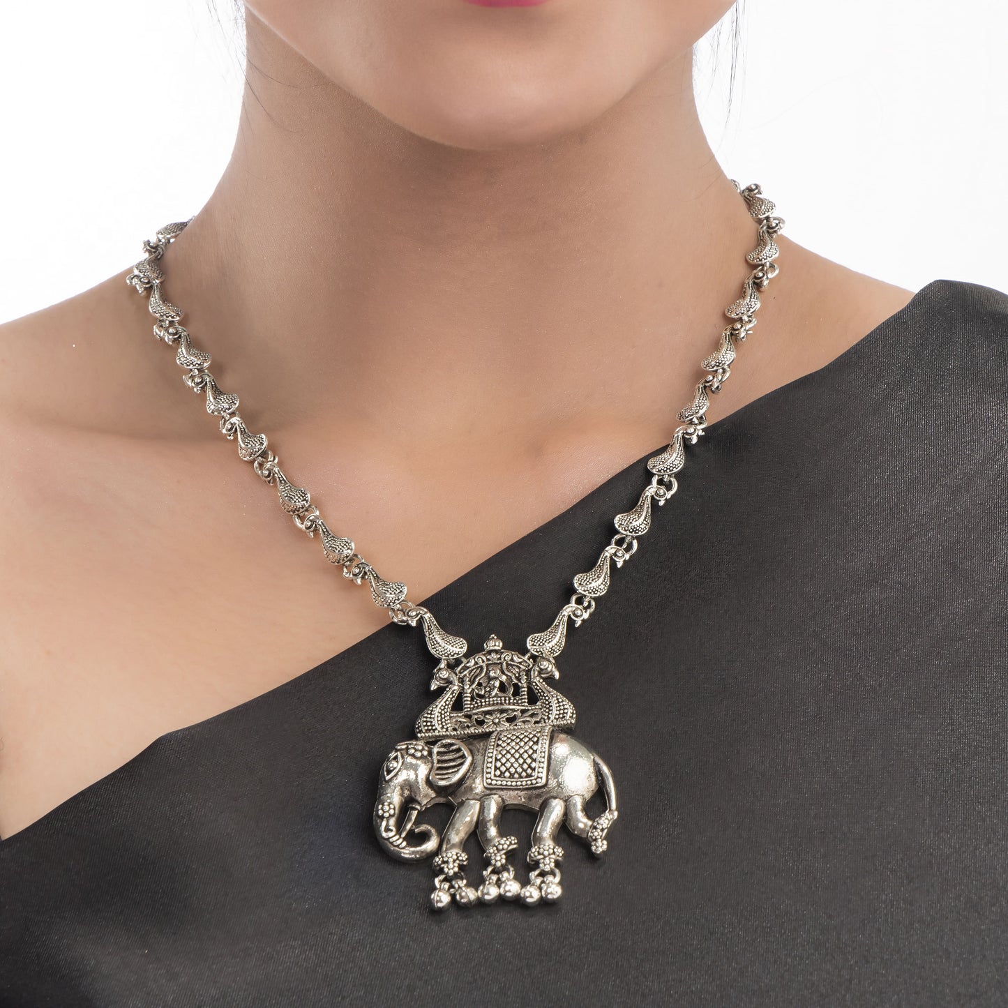 INTRICATELY CRAFTED OXIDIZED LONG NECKLACE SET FEATURING A DETAILED ELEPHANT DESIGN