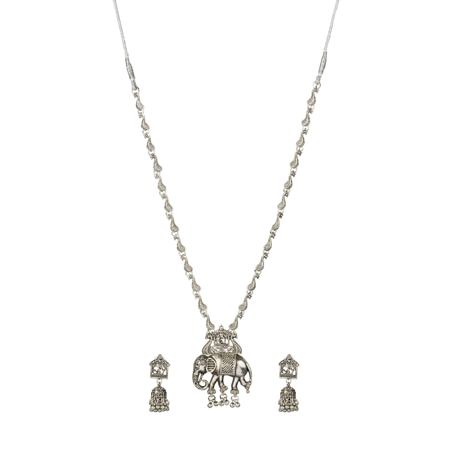 INTRICATELY CRAFTED OXIDIZED LONG NECKLACE SET FEATURING A DETAILED ELEPHANT DESIGN