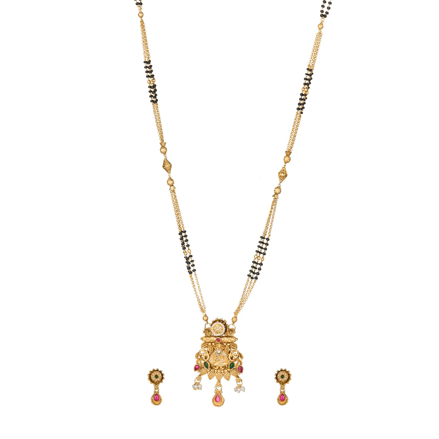 GOLD-TONE LONG MANGALSUTRA SET WITH BLACK BEADS AND MULTICOLORED STONES, COMBINING TRADITIONAL AND VIBRANT ELEMENTS