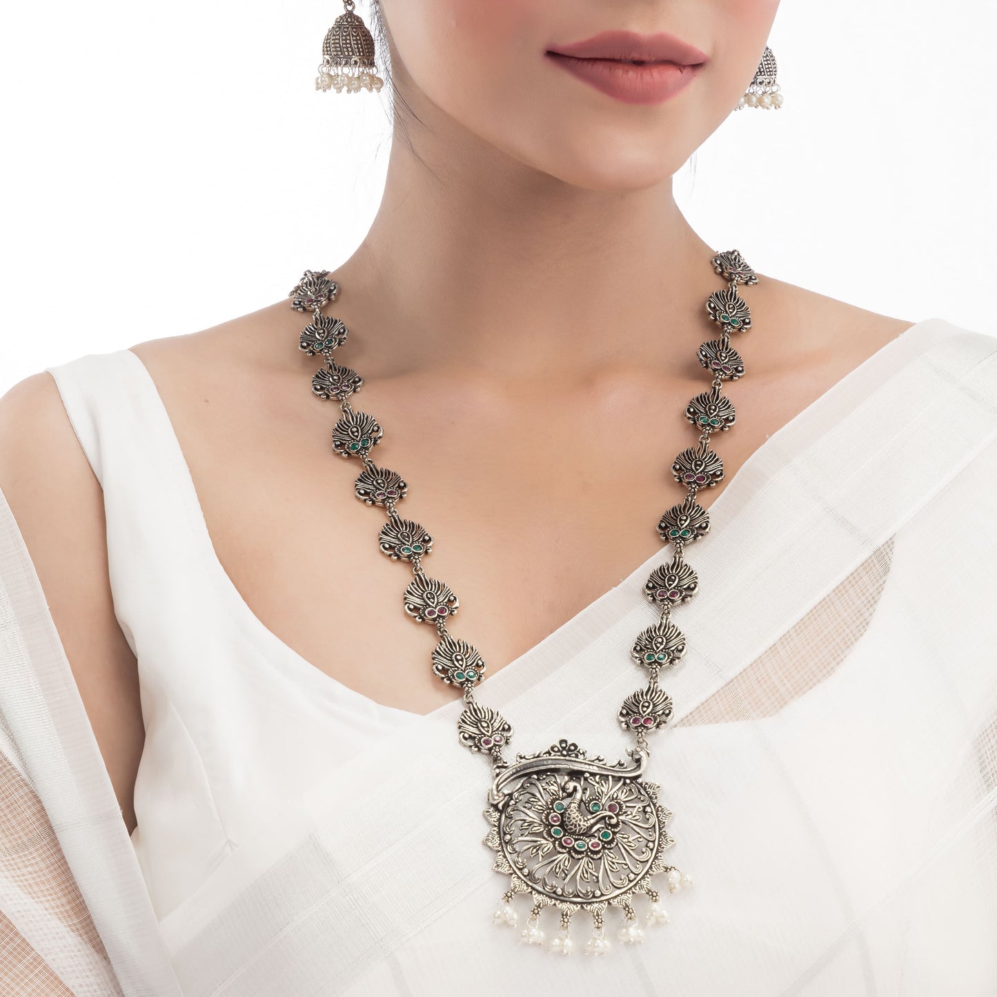 PEACOCK DESIGN CRAFTED OXIDIZED LONG NECKLACE SET FEATURES INTRICATE PEACOCK MOTIFS WITH AN ANTIQUE OXIDIZED FINISH