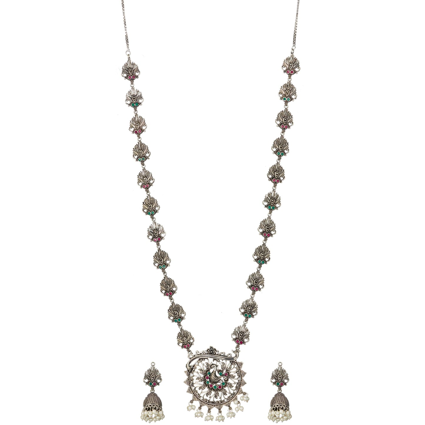 PEACOCK DESIGN CRAFTED OXIDIZED LONG NECKLACE SET FEATURES INTRICATE PEACOCK MOTIFS WITH AN ANTIQUE OXIDIZED FINISH