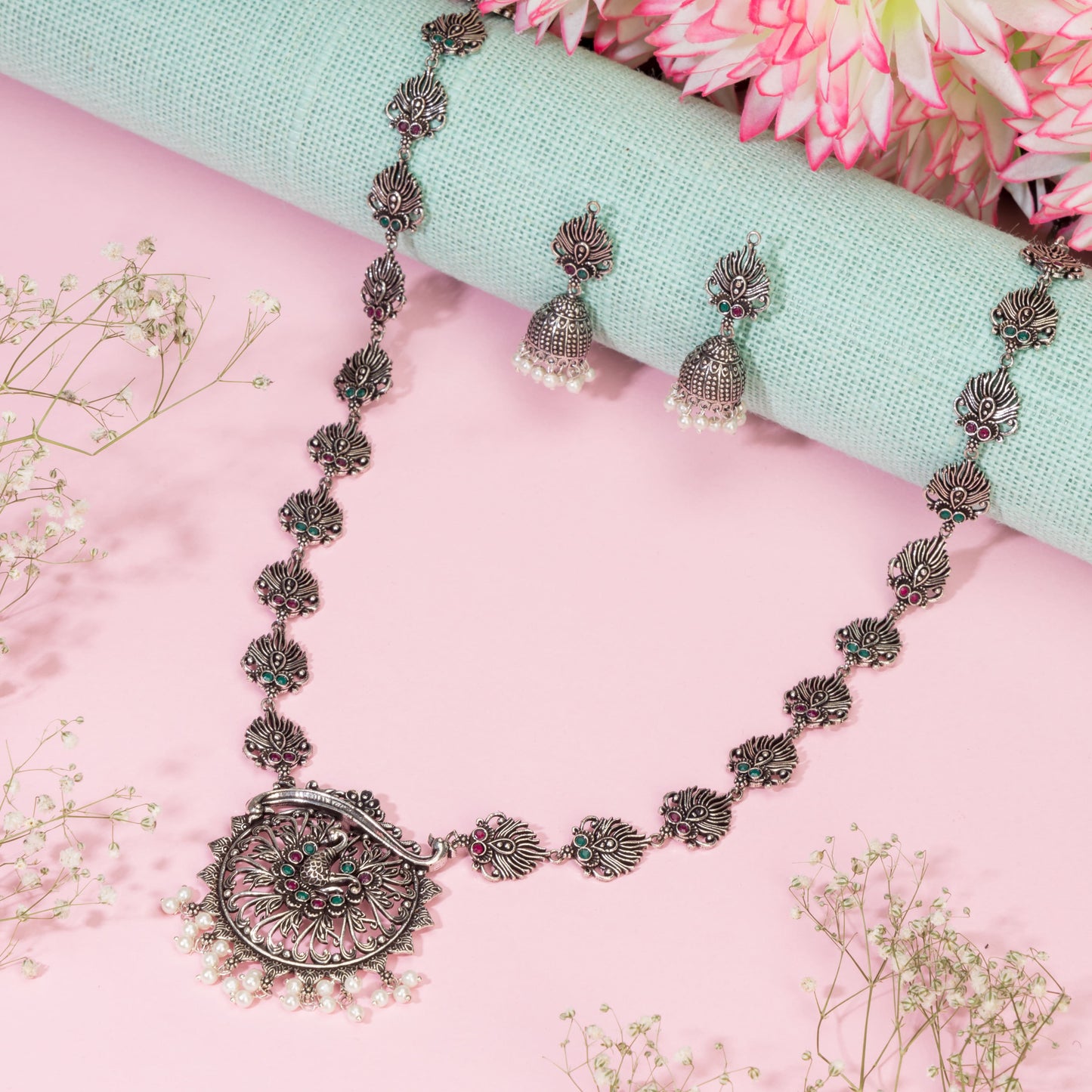 PEACOCK DESIGN CRAFTED OXIDIZED LONG NECKLACE SET FEATURES INTRICATE PEACOCK MOTIFS WITH AN ANTIQUE OXIDIZED FINISH