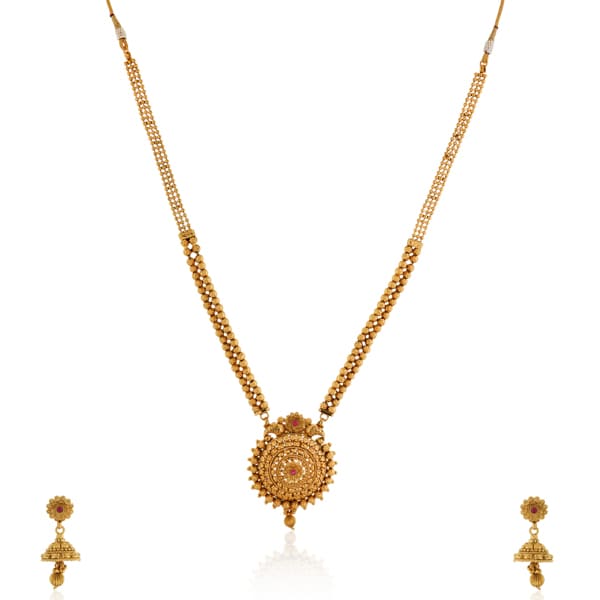 CLASSIC GOLD-TONE LONG NECKLACE SET PAIRED WITH MATCHING GOLD-TONE EARRINGS,