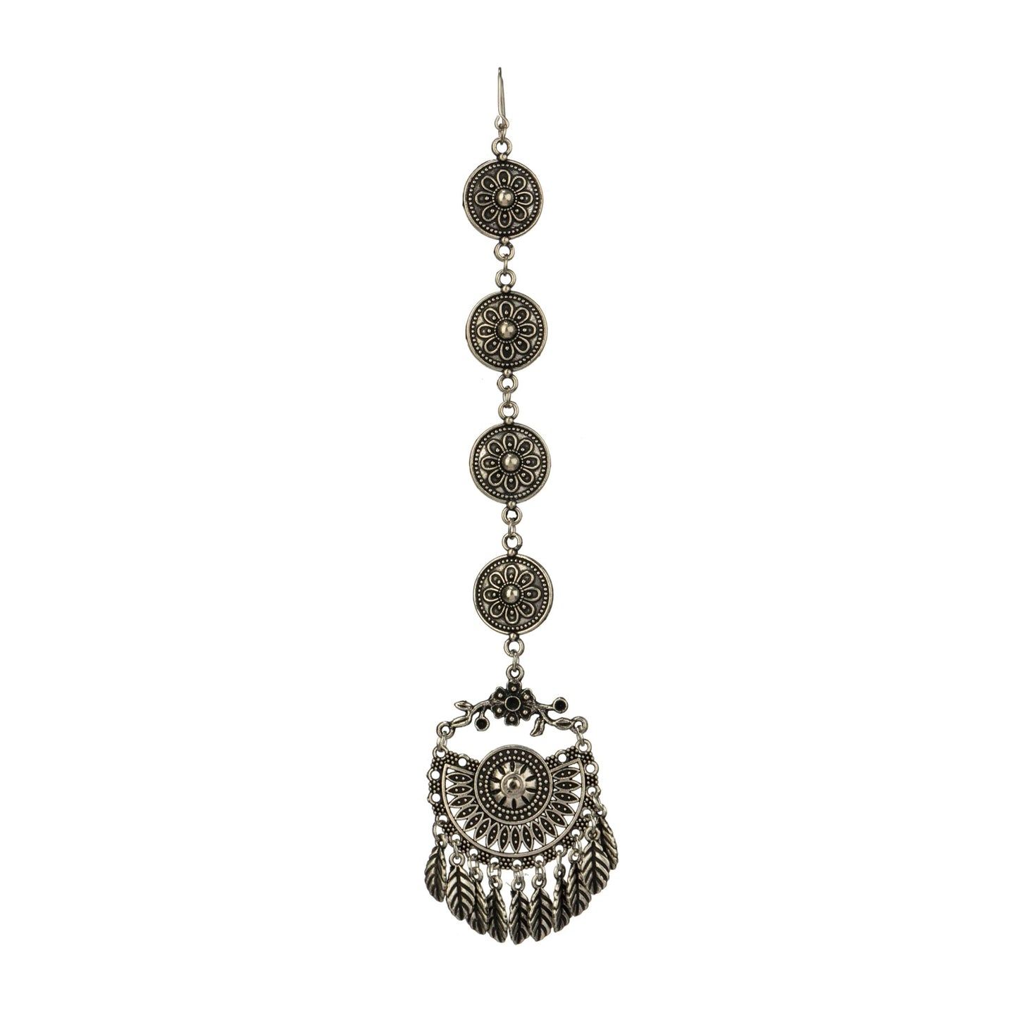 OXIDIZED MAANGTIKA FEATURES A VINTAGE, ANTIQUE FINISH WITH DETAILED METALWORK.