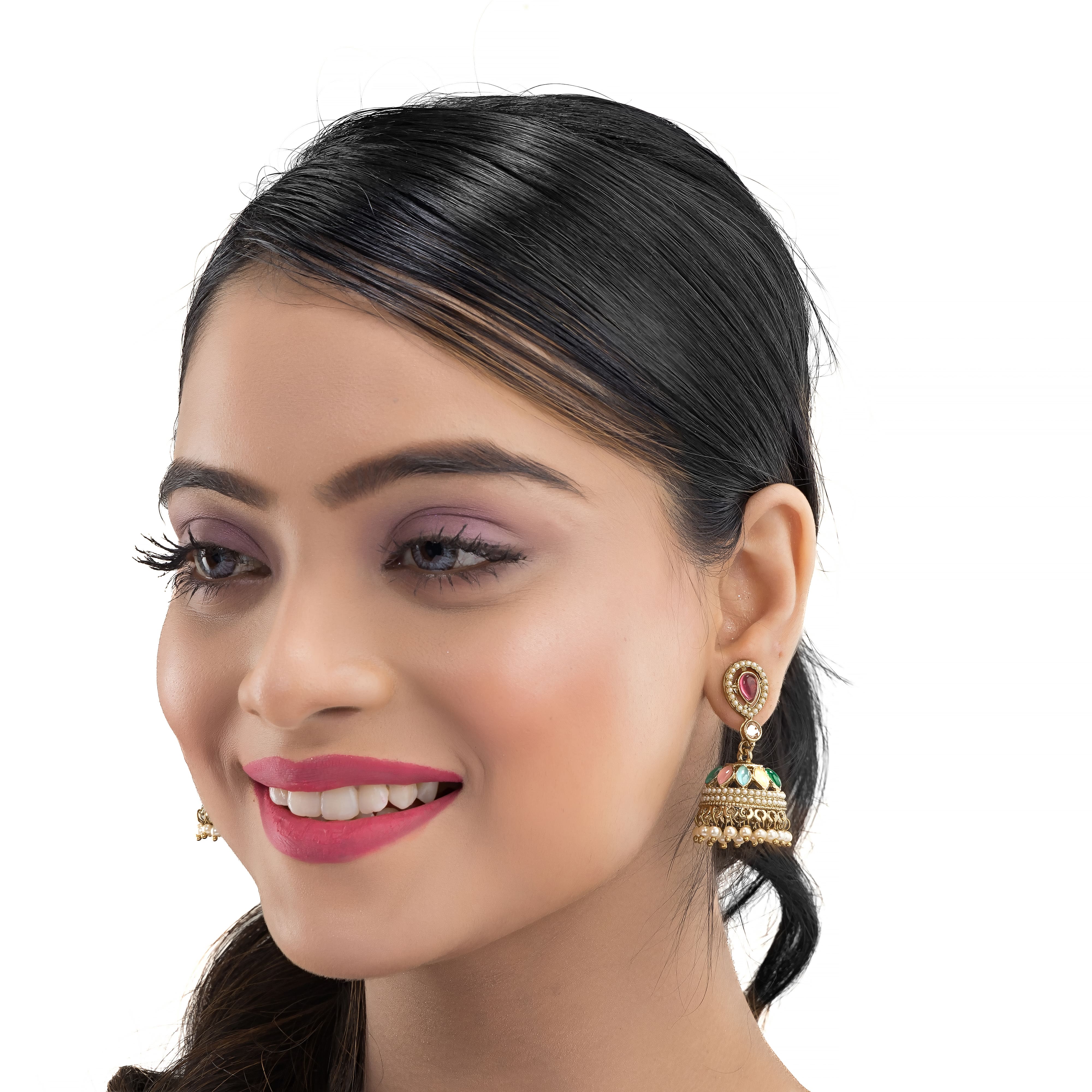 Goldtone jhumka earrings with vibrant multicolor stones, adding a festive sparkle to your look.
