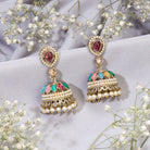 Goldtone jhumka earrings with vibrant multicolor stones, adding a festive sparkle to your look.
