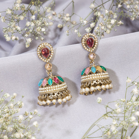 MULTICOLOR STONES-STUDDED GOLDTONE JHUMKA