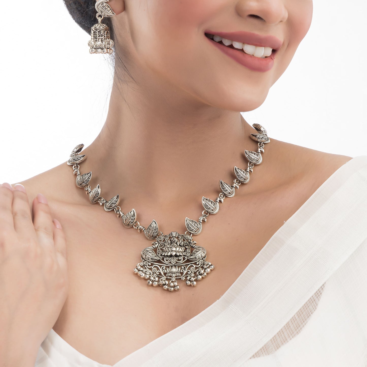 GODDESS LAXMI CRAFTED BEAUTIUFUL OXIDISED LONG NECKLACE SET WITH MATCHING EARRINGS