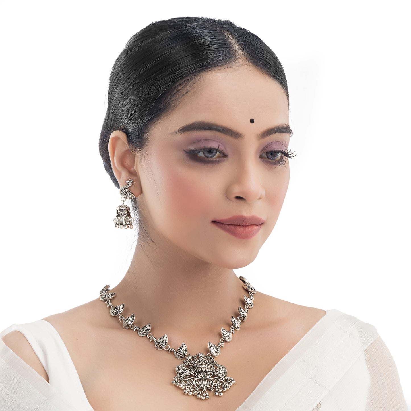 GODDESS LAXMI CRAFTED BEAUTIUFUL OXIDISED LONG NECKLACE SET WITH MATCHING EARRINGS