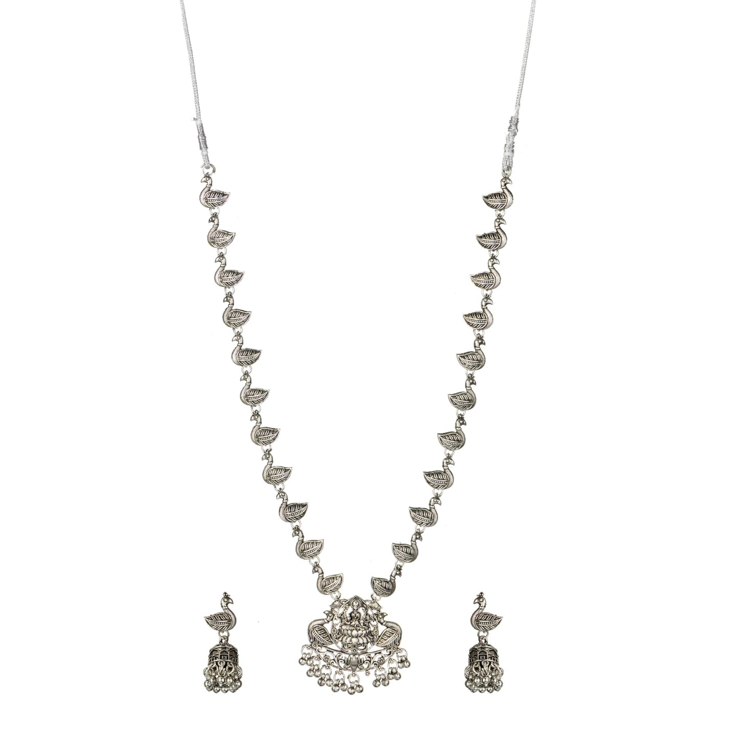 GODDESS LAXMI CRAFTED BEAUTIUFUL OXIDISED LONG NECKLACE SET WITH MATCHING EARRINGS