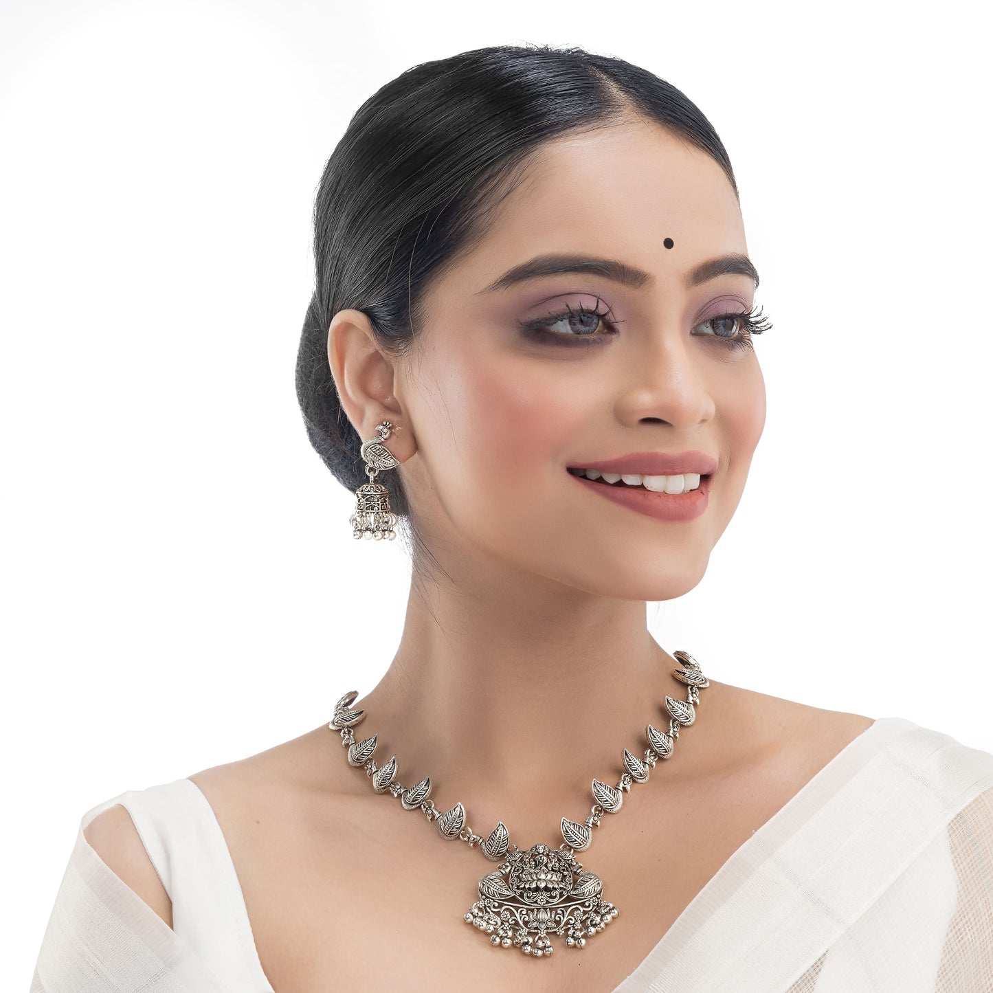 GODDESS LAXMI CRAFTED BEAUTIUFUL OXIDISED LONG NECKLACE SET WITH MATCHING EARRINGS