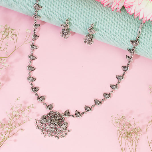 GODDESS LAXMI CRAFTED BEAUTIUFUL OXIDISED LONG NECKLACE SET WITH MATCHING EARRINGS