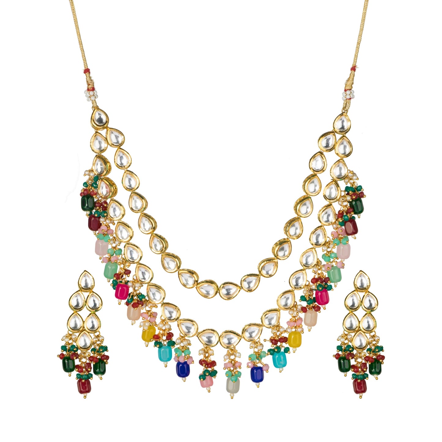 ELEGANT DOUBLE-LAYER KUNDAN NECKLACE SET STUDDED WITH MULTICOLORED PEARLS, OFFERING A VIBRANT AND SOPHISTICATED LOOK."