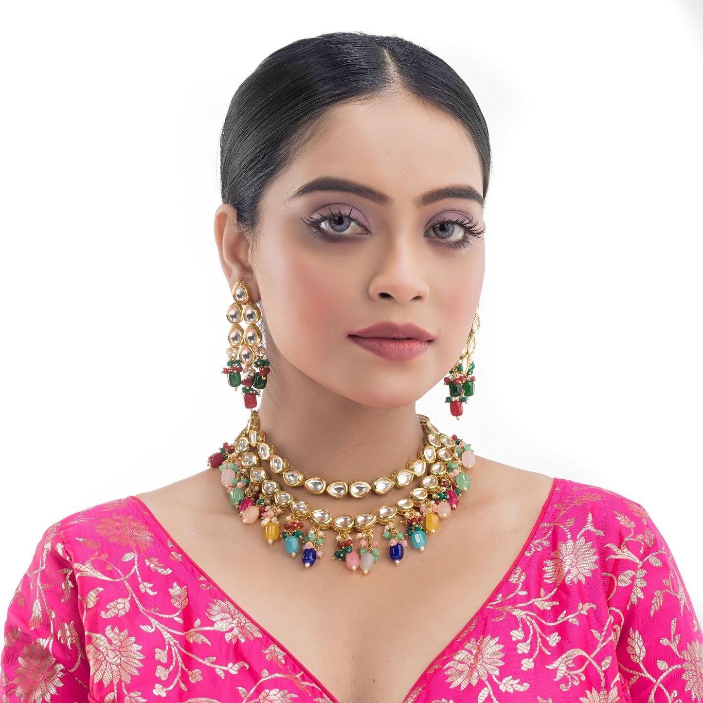 ELEGANT DOUBLE-LAYER KUNDAN NECKLACE SET STUDDED WITH MULTICOLORED PEARLS, OFFERING A VIBRANT AND SOPHISTICATED LOOK."