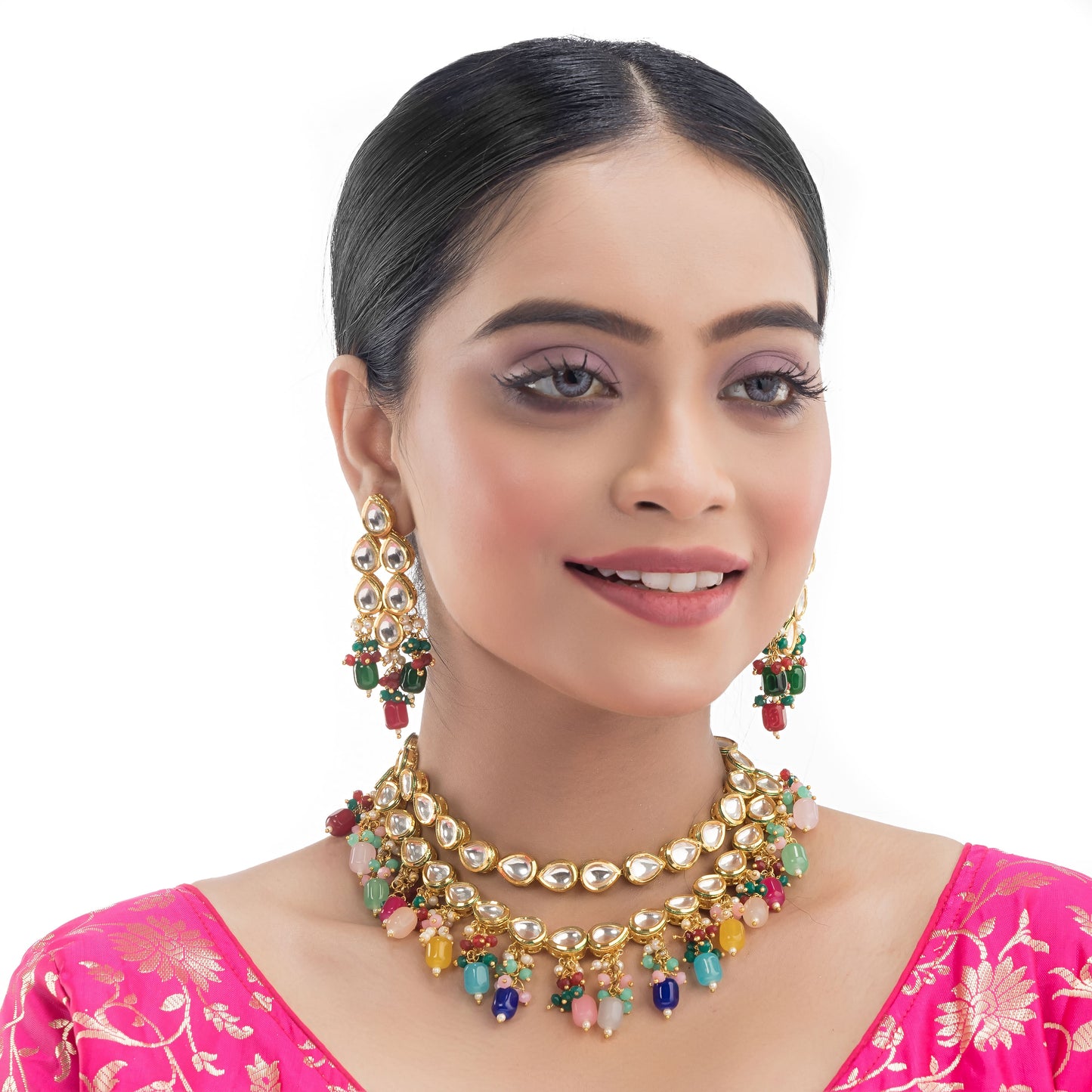 ELEGANT DOUBLE-LAYER KUNDAN NECKLACE SET STUDDED WITH MULTICOLORED PEARLS, OFFERING A VIBRANT AND SOPHISTICATED LOOK."