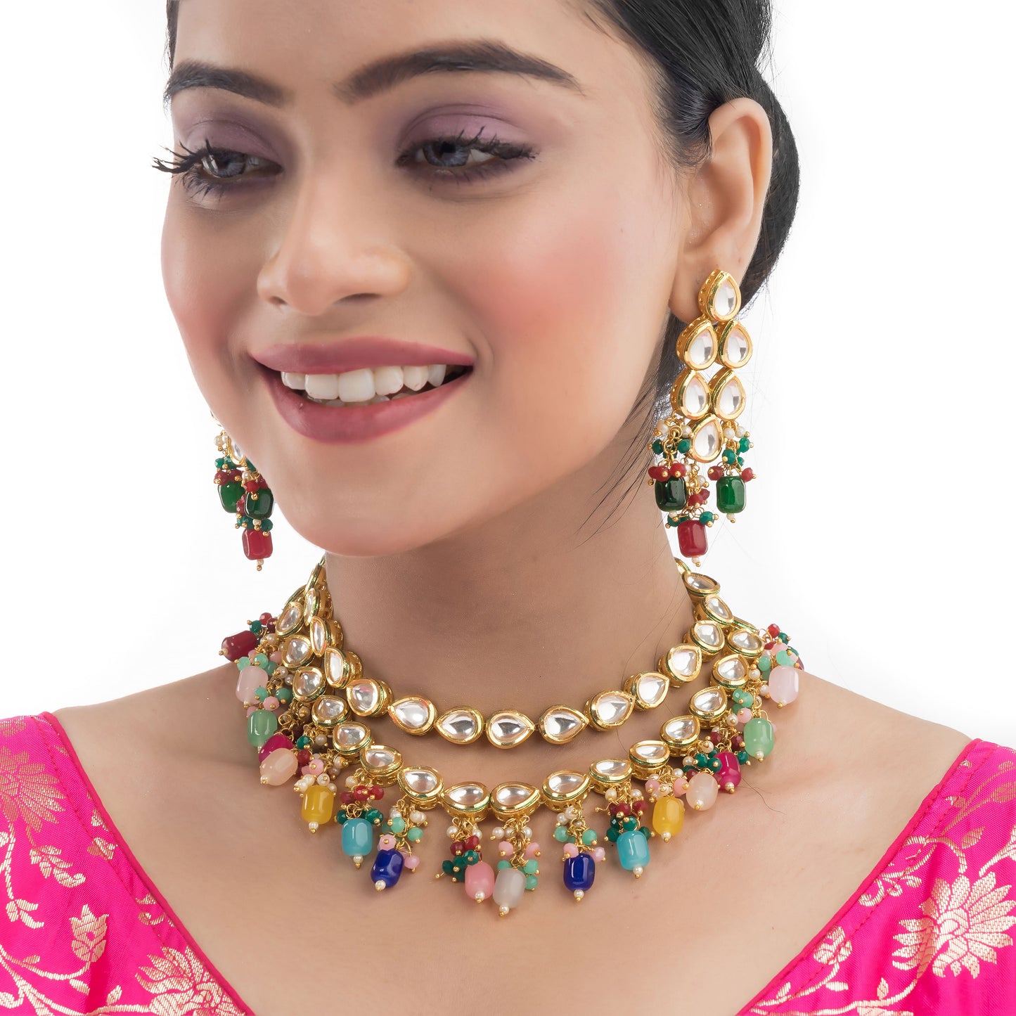 ELEGANT DOUBLE-LAYER KUNDAN NECKLACE SET STUDDED WITH MULTICOLORED PEARLS, OFFERING A VIBRANT AND SOPHISTICATED LOOK."