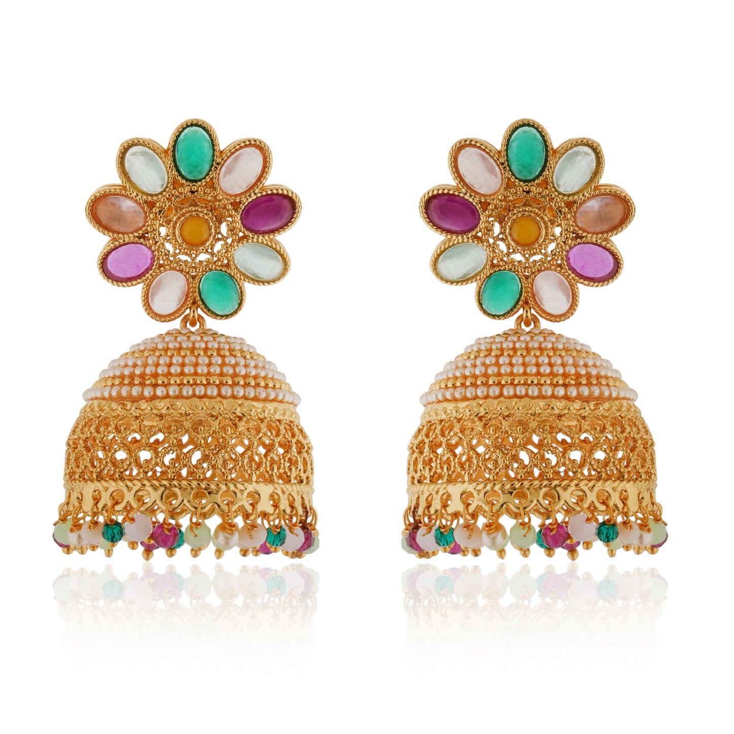 MULTICOLOR STONE-STUDDED GOLDTONE JHUMKA FEATURES VIBRANT STONES SET IN A GOLDTONE FINISH.