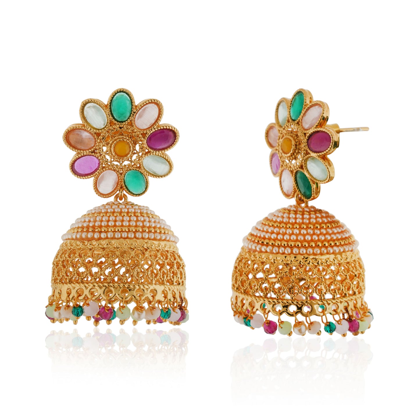 MULTICOLOR STONE-STUDDED GOLDTONE JHUMKA FEATURES VIBRANT STONES SET IN A GOLDTONE FINISH.