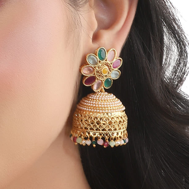 MULTICOLOR STONE-STUDDED GOLDTONE JHUMKA FEATURES VIBRANT STONES SET IN A GOLDTONE FINISH.