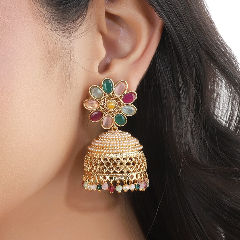 MULTICOLOR STONE-STUDDED GOLDTONE JHUMKA FEATURES VIBRANT STONES SET IN A GOLDTONE FINISH.