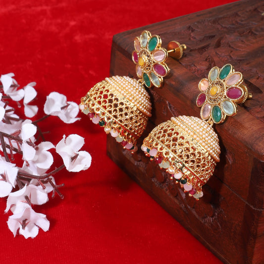 MULTICOLOR STONE-STUDDED GOLDTONE JHUMKA FEATURES VIBRANT STONES SET IN A GOLDTONE FINISH.