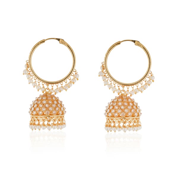 JHUMKA  FEATURING SPARKLING ZIRCONS AND DELICATE PEARLS ARRANGED IN A TRADITIONAL JHUMKA DESIGN.