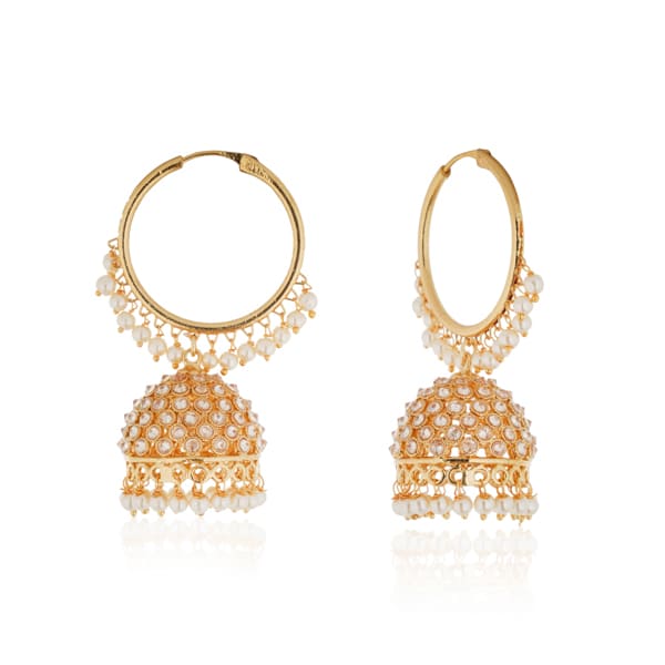 JHUMKA  FEATURING SPARKLING ZIRCONS AND DELICATE PEARLS ARRANGED IN A TRADITIONAL JHUMKA DESIGN.