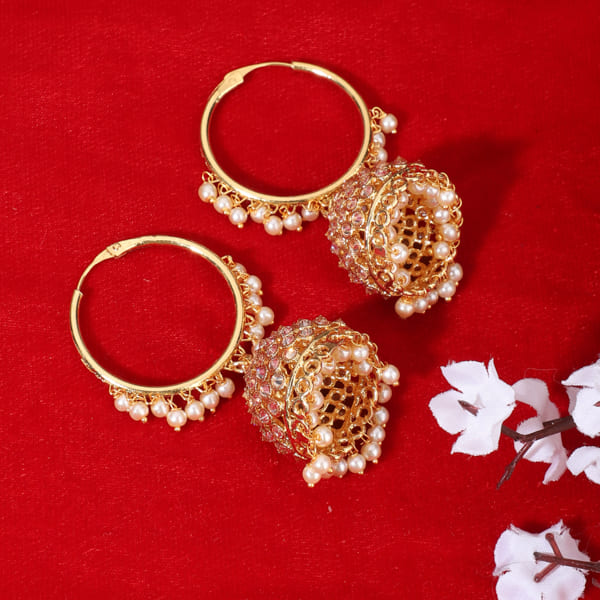 JHUMKA  FEATURING SPARKLING ZIRCONS AND DELICATE PEARLS ARRANGED IN A TRADITIONAL JHUMKA DESIGN.