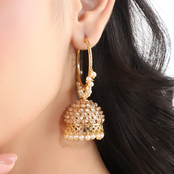 JHUMKA  FEATURING SPARKLING ZIRCONS AND DELICATE PEARLS ARRANGED IN A TRADITIONAL JHUMKA DESIGN.