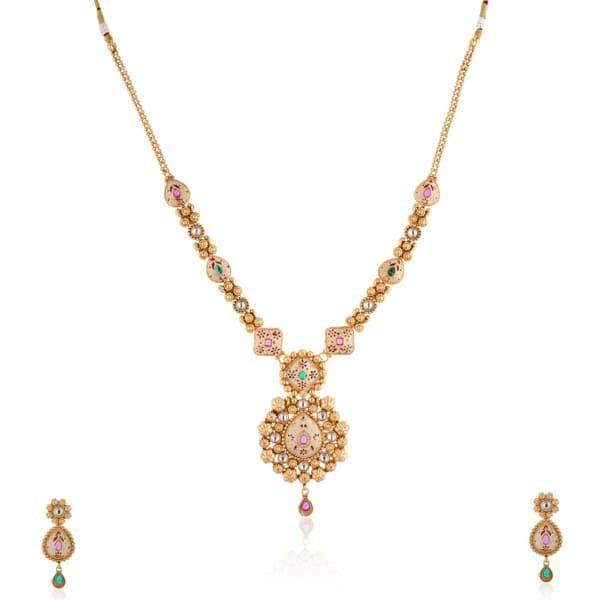 MEEKARI DESIGN CRAFTED GOLDTONE LONG NECKLACE SET FEATURES INTRICATE WORK IN VIBRANT COLORS