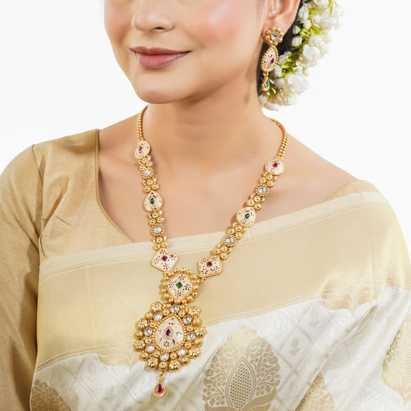 MEEKARI DESIGN CRAFTED GOLDTONE LONG NECKLACE SET FEATURES INTRICATE WORK IN VIBRANT COLORS