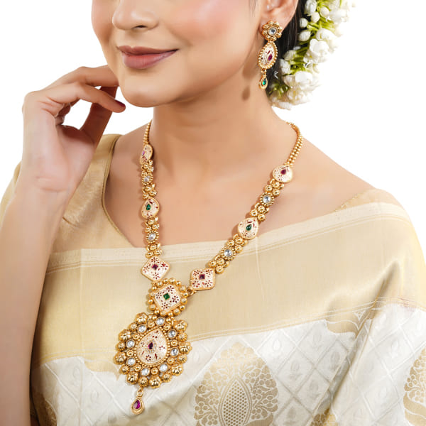 MEEKARI DESIGN CRAFTED GOLDTONE LONG NECKLACE SET FEATURES INTRICATE WORK IN VIBRANT COLORS