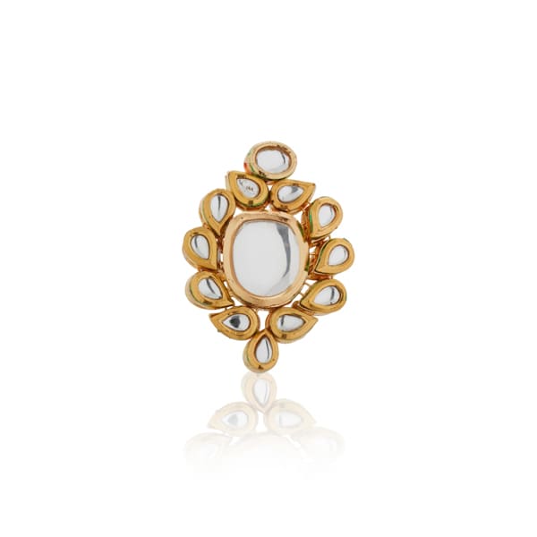 KUNDAN-STUDDED FINGER RING FEATURES INTRICATE KUNDAN STONES SET IN A DETAILED DESIGN.